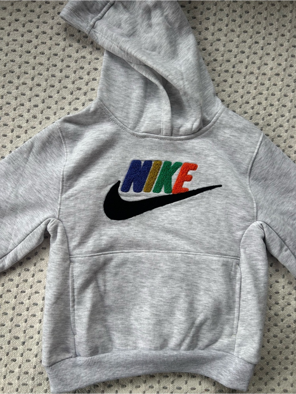 Nike Light Gray Kids Hoodie with Rainbow NIKE and Black Swoosh